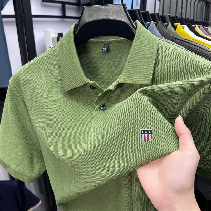 Men's Summer Luxury 100% Cotton Polo Shirt, Lapel Print Short Sleeve T-shirt, Breathable Business Casual Menswear