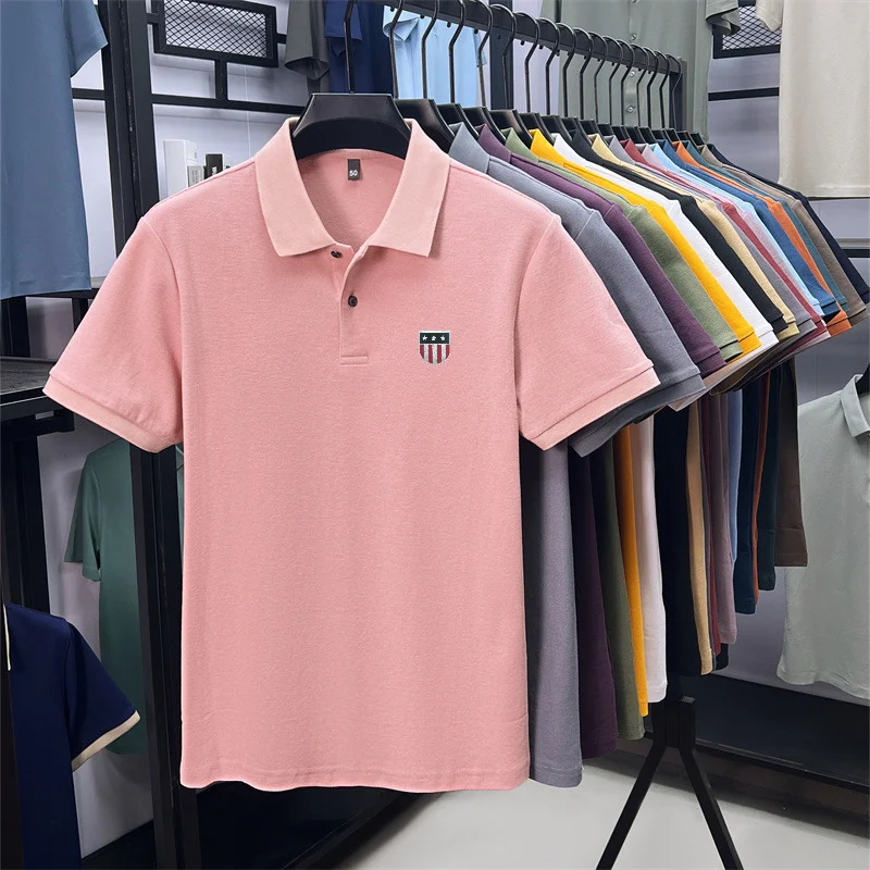 Men's Summer Luxury 100% Cotton Polo Shirt, Lapel Print Short Sleeve T-shirt, Breathable Business Casual Menswear