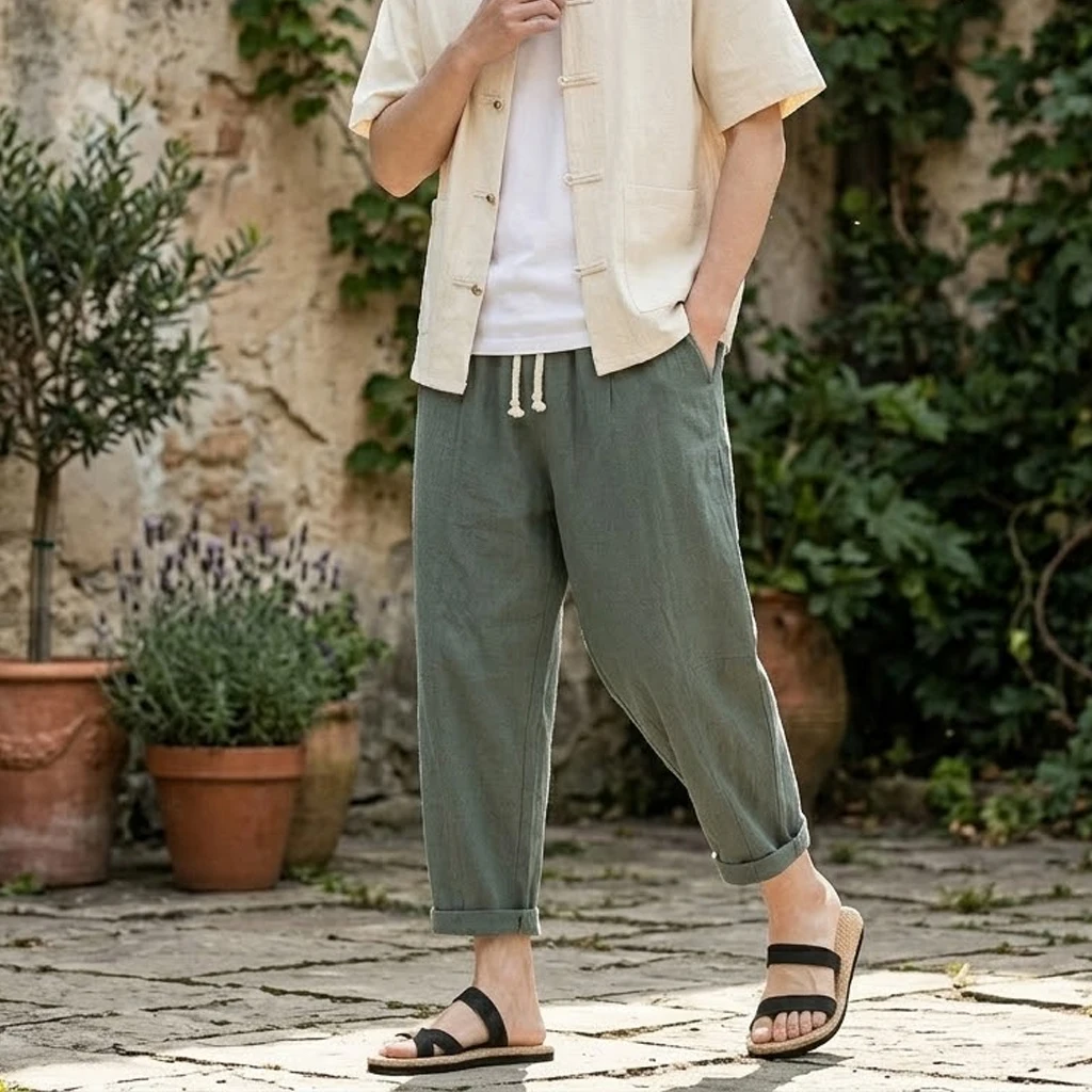 Korean Linen Pants Man Summer Pants for Men Gym Man Baggy Pant Loose Harem Pant Lightweight Streetwear Men's Cotton Work Pants
