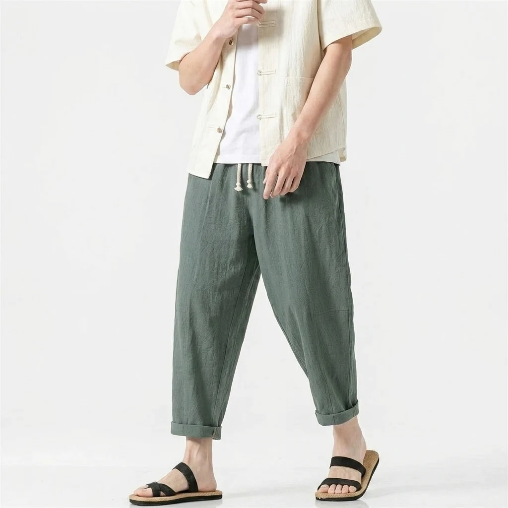 Korean Linen Pants Man Summer Pants for Men Gym Man Baggy Pant Loose Harem Pant Lightweight Streetwear Men's Cotton Work Pants