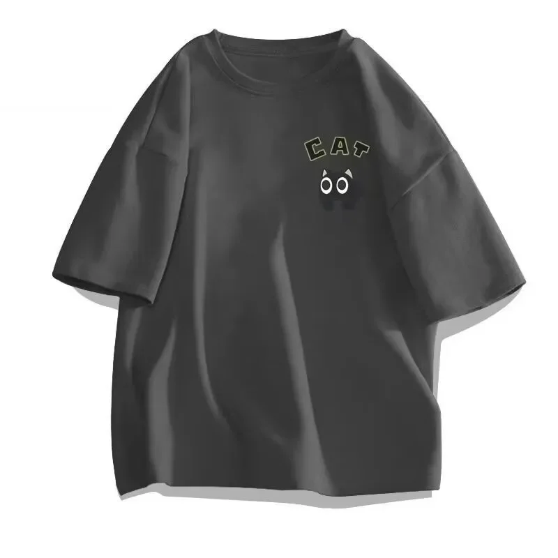 Men's Casual Oversized T‑Shirts Cute Black Cat Print Short Sleeve Tees Summer Loose Streetwear Basic Tops