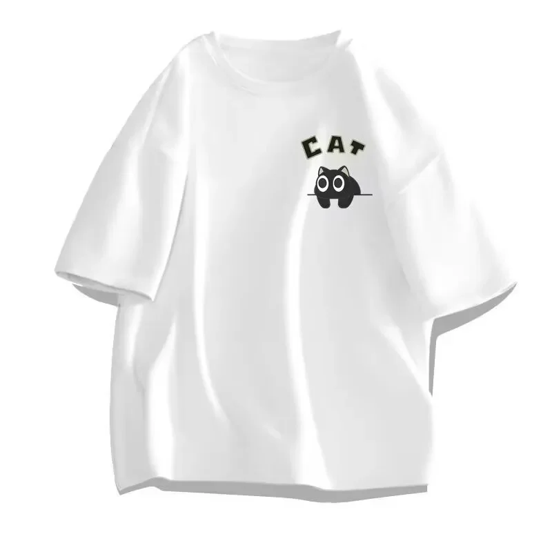 Men's Casual Oversized T‑Shirts Cute Black Cat Print Short Sleeve Tees Summer Loose Streetwear Basic Tops