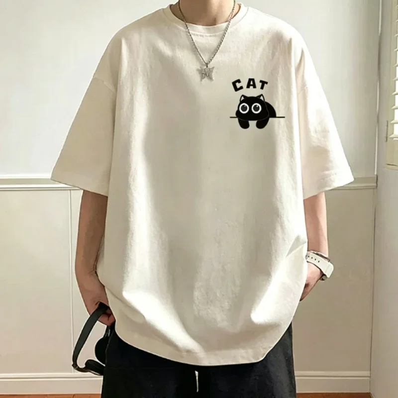 Men's Casual Oversized T‑Shirts Cute Black Cat Print Short Sleeve Tees Summer Loose Streetwear Basic Tops