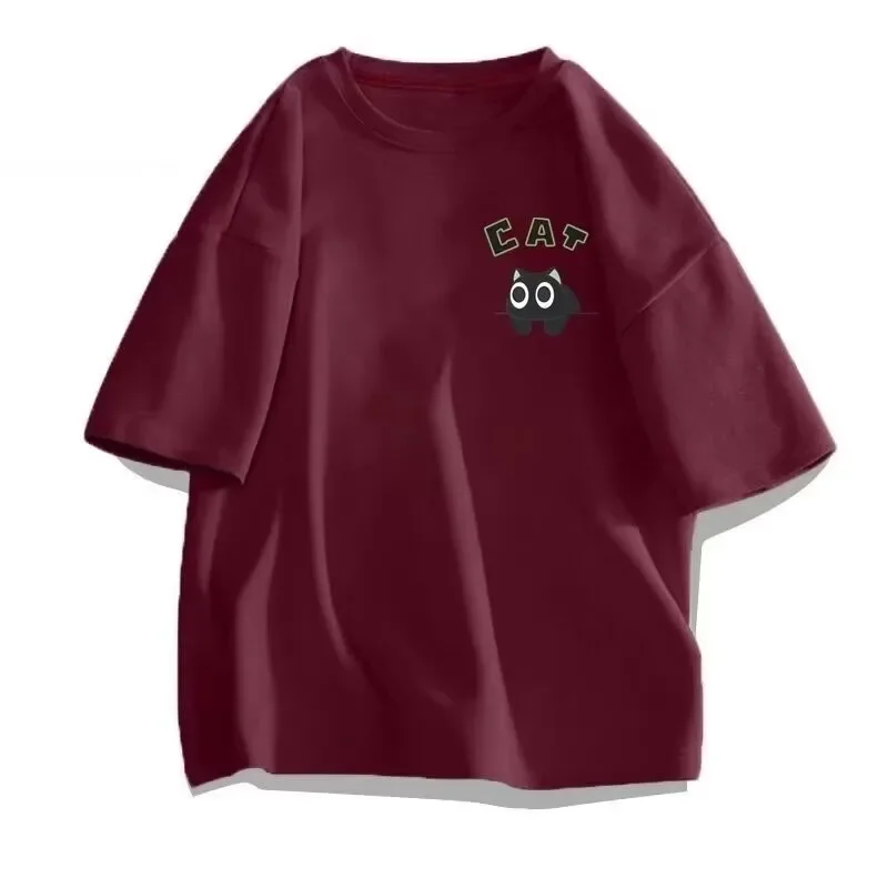 Men's Casual Oversized T‑Shirts Cute Black Cat Print Short Sleeve Tees Summer Loose Streetwear Basic Tops
