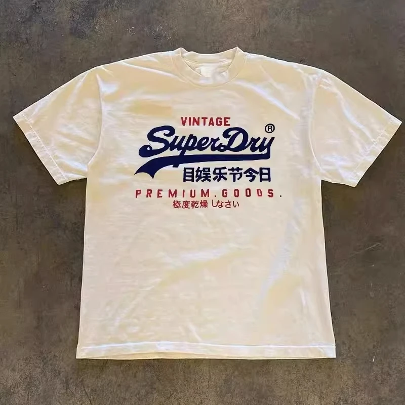 Retro SuperDry Style Japanese Logo Graphic T Shirt for Men 100_ Cotton Oversized Streetwear White 2026 New