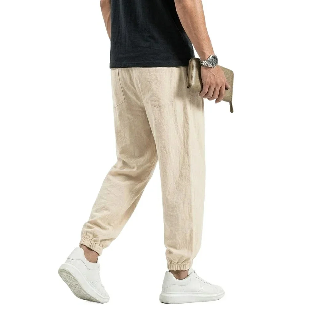 Korean Linen Cotton Pants Men's Gym Man Trousers Casual Work Pants Man Spring Harem Pants Autumn Drawstring Loose Streetwear Man