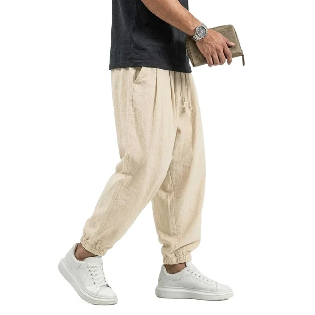 Korean Linen Cotton Pants Men's Gym Man Trousers Casual Work Pants Man Spring Harem Pants Autumn Drawstring Loose Streetwear Man