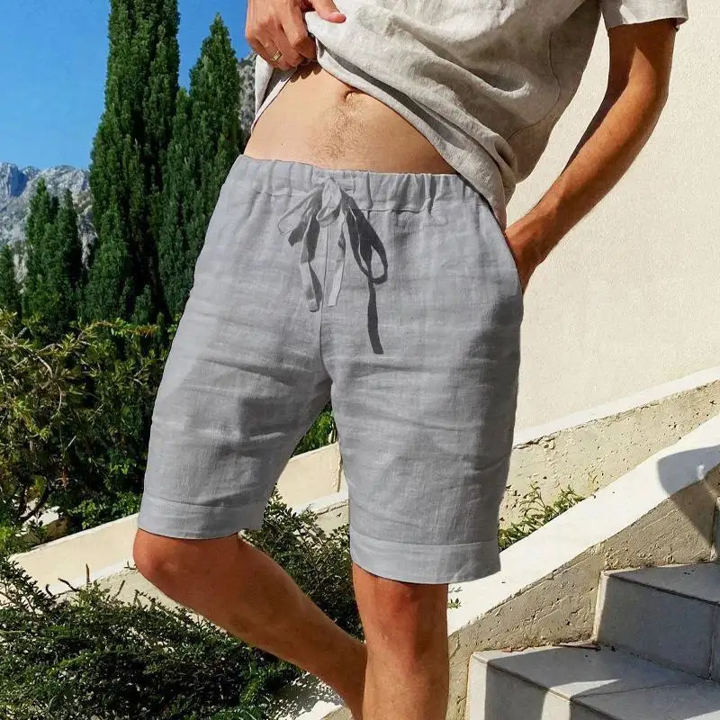 New men's cotton and linen solid color short shorts lightweight sports pants linen beach shorts jogging sports shorts men's shor