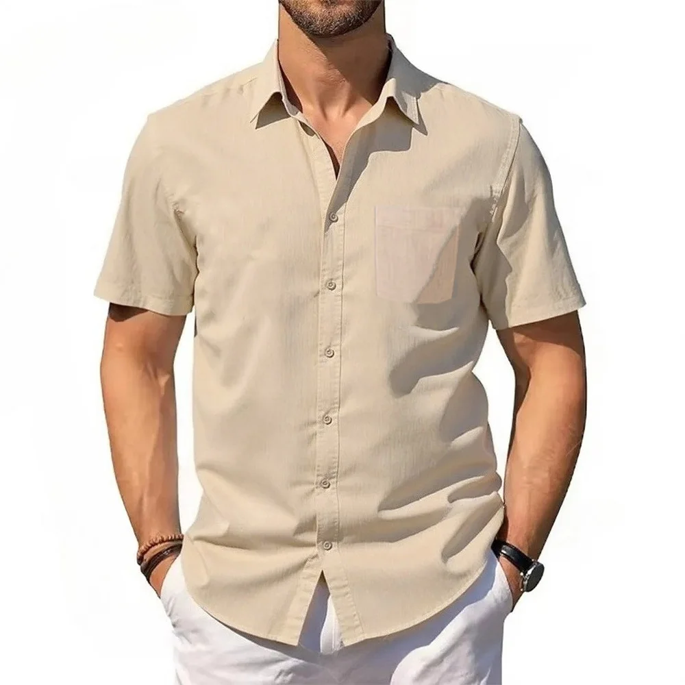 Men's Cotton Linen Shirt Summer Short Sleeve Button Up Hawaiian Lightweight Shirts Vacation Casual Lapel Collar Tops