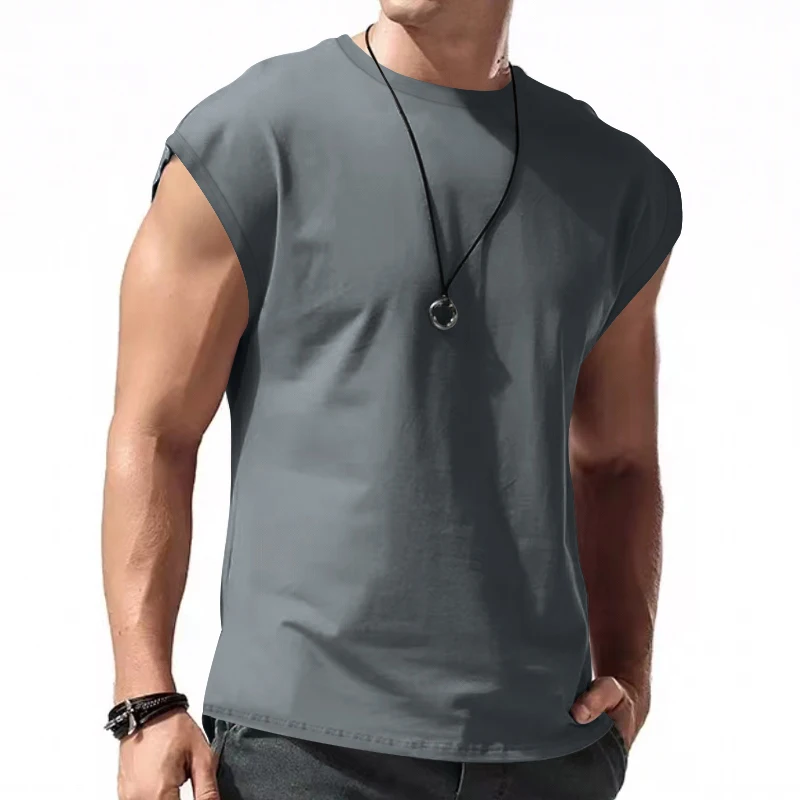 Independent Station 24 Cross-Border Men's Summer New Sleeveless T-Shirt Youth Casual Loose Solid Color Thin Shoulder T-Shirt Spo