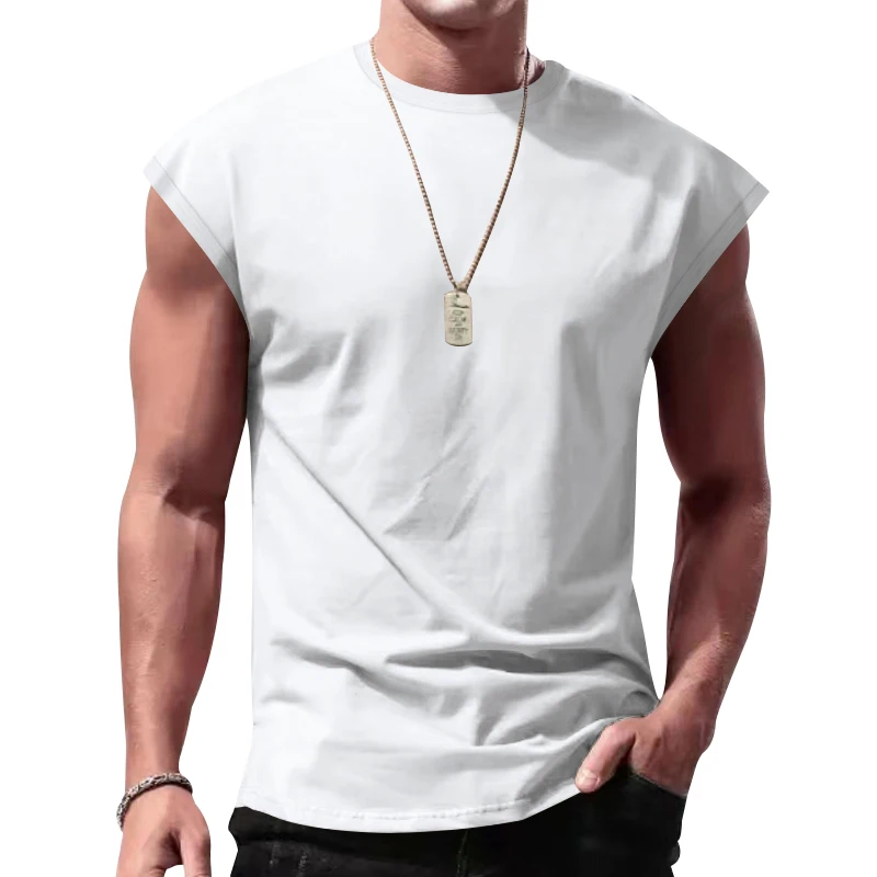 Independent Station 24 Cross-Border Men's Summer New Sleeveless T-Shirt Youth Casual Loose Solid Color Thin Shoulder T-Shirt Spo
