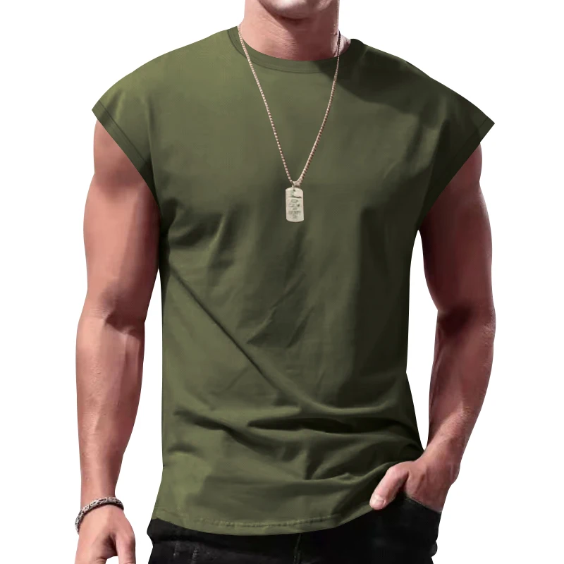 Independent Station 24 Cross-Border Men's Summer New Sleeveless T-Shirt Youth Casual Loose Solid Color Thin Shoulder T-Shirt Spo