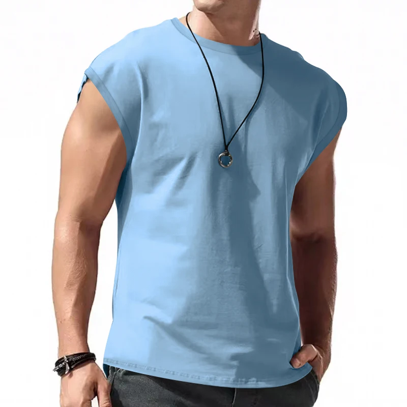 Independent Station 24 Cross-Border Men's Summer New Sleeveless T-Shirt Youth Casual Loose Solid Color Thin Shoulder T-Shirt Spo