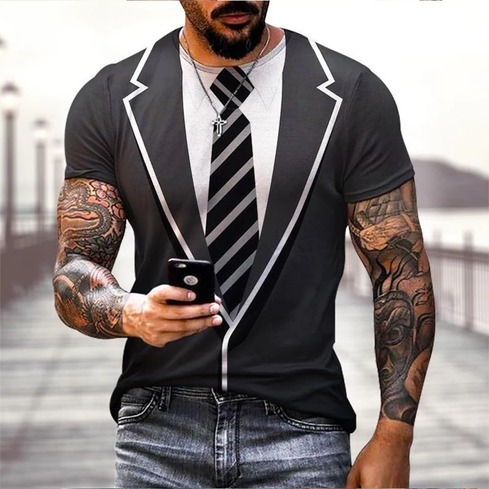 Summer fashion funny fake suit 3D printed T-shirt tailcoat tie T-shirt men's street short sleeved T-shirt