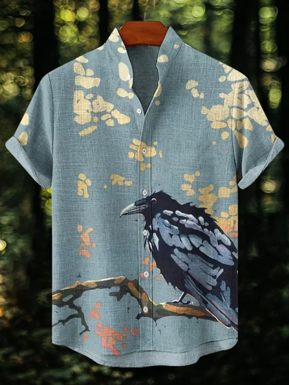Men's Japanese Retro Art Black Cat Print Shirt Short Sleeve Stand Up Collar Single Breasted Casual Linen Top for Vacation
