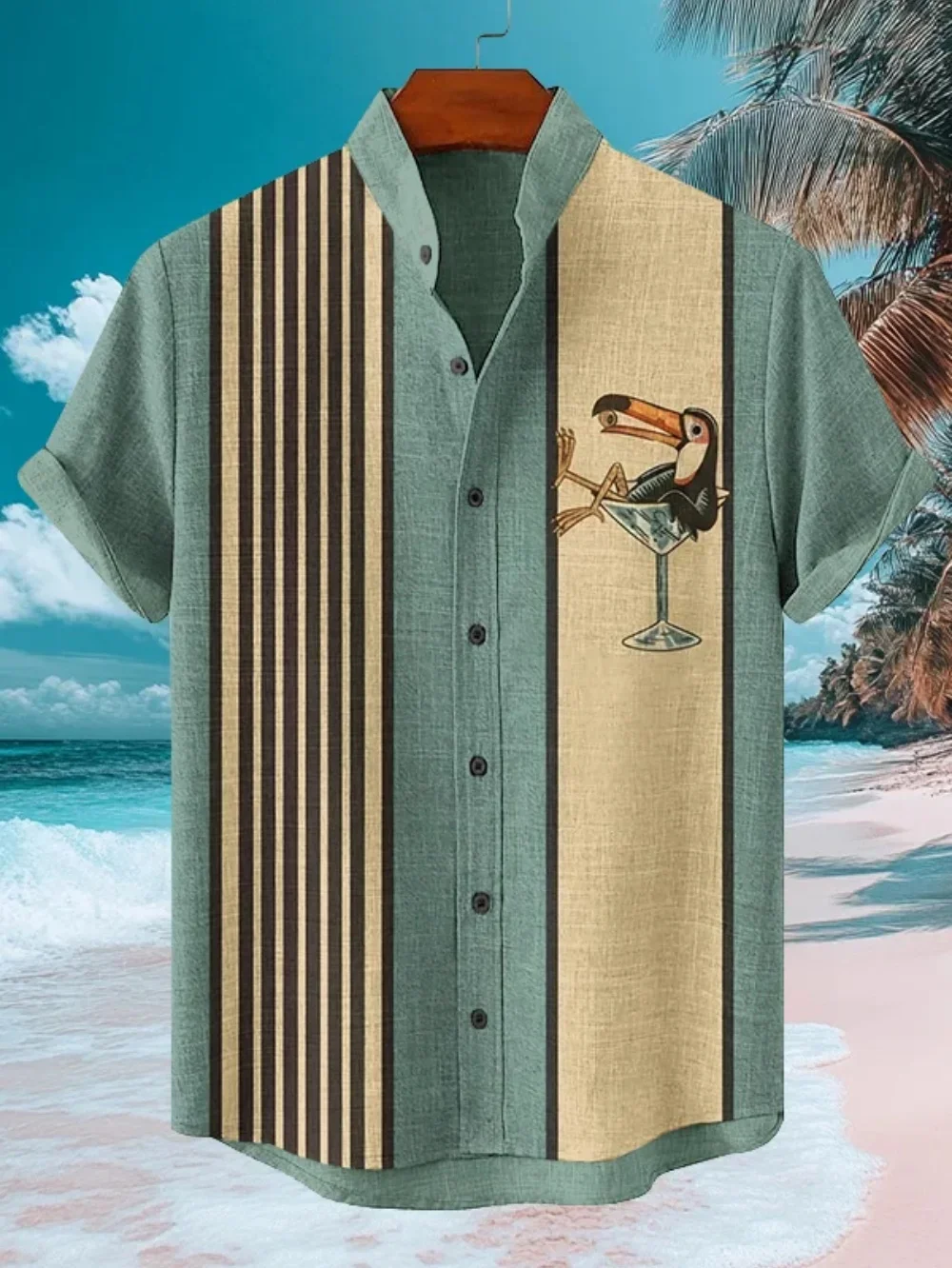 Men's Japanese Retro Art Black Cat Print Shirt Short Sleeve Stand Up Collar Single Breasted Casual Linen Top for Vacation