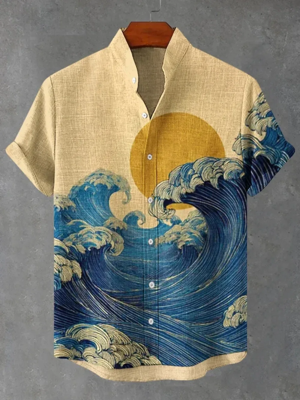 Men's Japanese Retro Art Black Cat Print Shirt Short Sleeve Stand Up Collar Single Breasted Casual Linen Top for Vacation