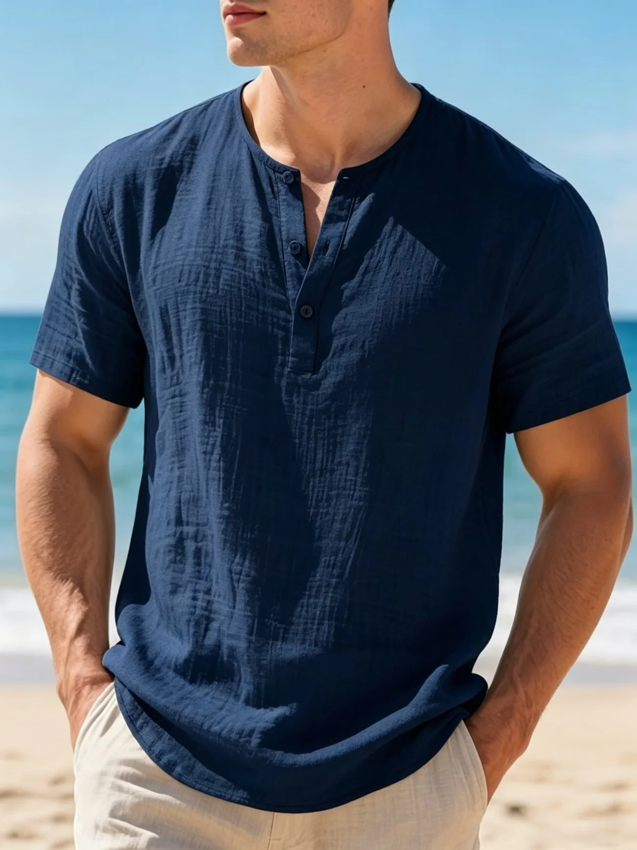 Men's Cotton Linen Henley Short Sleeve Shirt Stand Collar Breathable Casual Summer Beach Solid Color Textured Tee