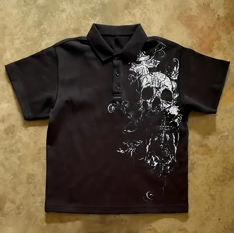 Vintage Skull Pattern Y2K Polo Shirt | Retro American Street Style, Short Sleeve, Loose Fit, Regular Length Placket All-Season