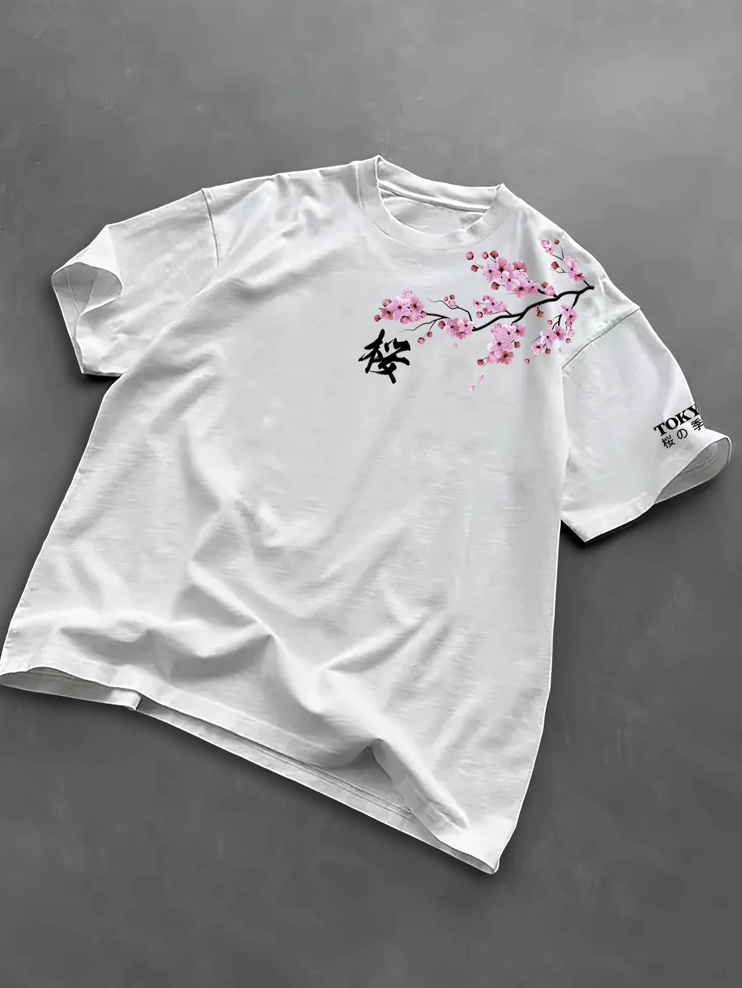 Summer Men Cherry Blossom Pattern Japanese Style Loose-Tee Shirt Suitable for Daily Wear 100% Cotton Material Trendy Versatile