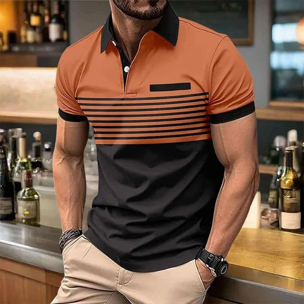 European and American Men's Summer Fashion Striped Print Comfortable Breathable Polo Shirt Outdoor Urban Casual Top