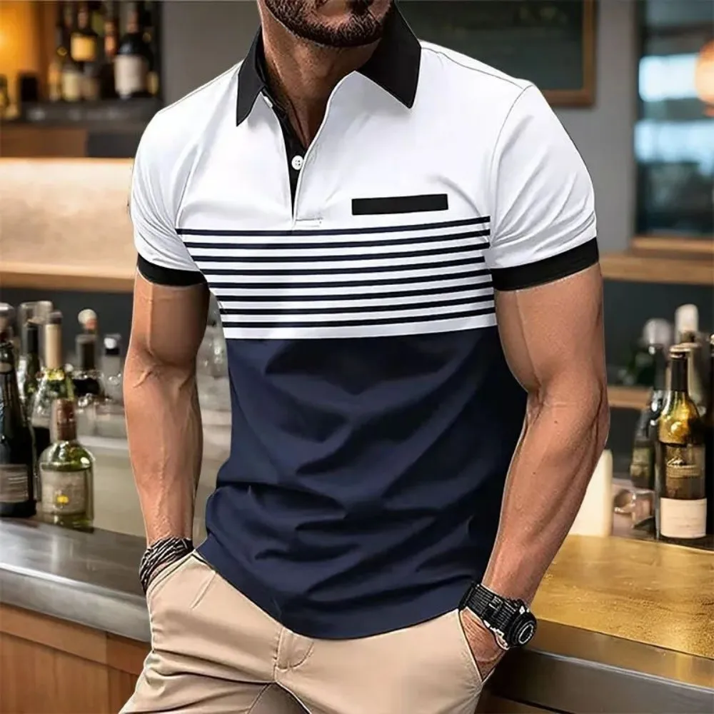 European and American Men's Summer Fashion Striped Print Comfortable Breathable Polo Shirt Outdoor Urban Casual Top
