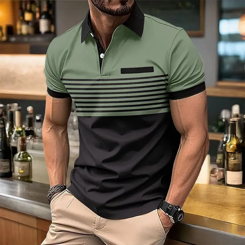 European and American Men's Summer Fashion Striped Print Comfortable Breathable Polo Shirt Outdoor Urban Casual Top