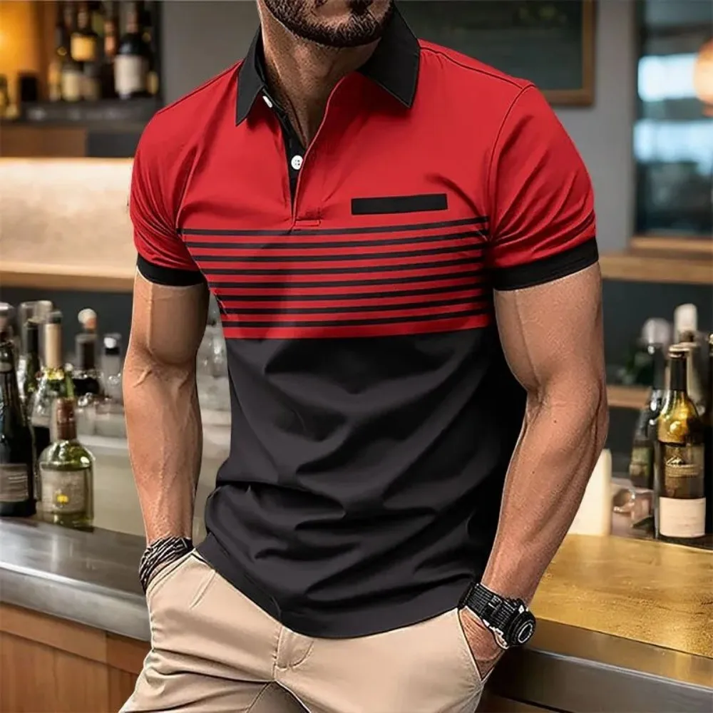 European and American Men's Summer Fashion Striped Print Comfortable Breathable Polo Shirt Outdoor Urban Casual Top