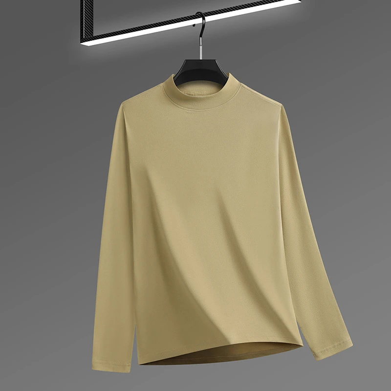 2026 New Men's Casual Solid Color High Collar Velvet Long Sleeve T-shirt Spring and Autumn Versatile Comfortable Top