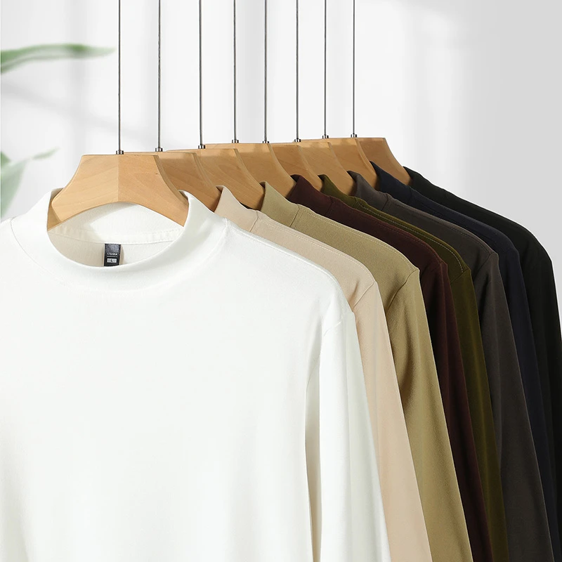 2026 New Men's Casual Solid Color High Collar Velvet Long Sleeve T-shirt Spring and Autumn Versatile Comfortable Top