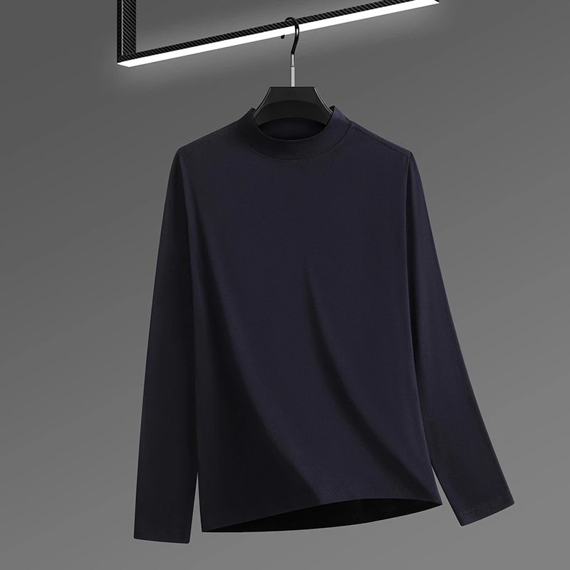2026 New Men's Casual Solid Color High Collar Velvet Long Sleeve T-shirt Spring and Autumn Versatile Comfortable Top