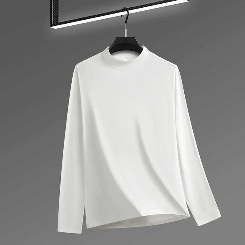 2026 New Men's Casual Solid Color High Collar Velvet Long Sleeve T-shirt Spring and Autumn Versatile Comfortable Top