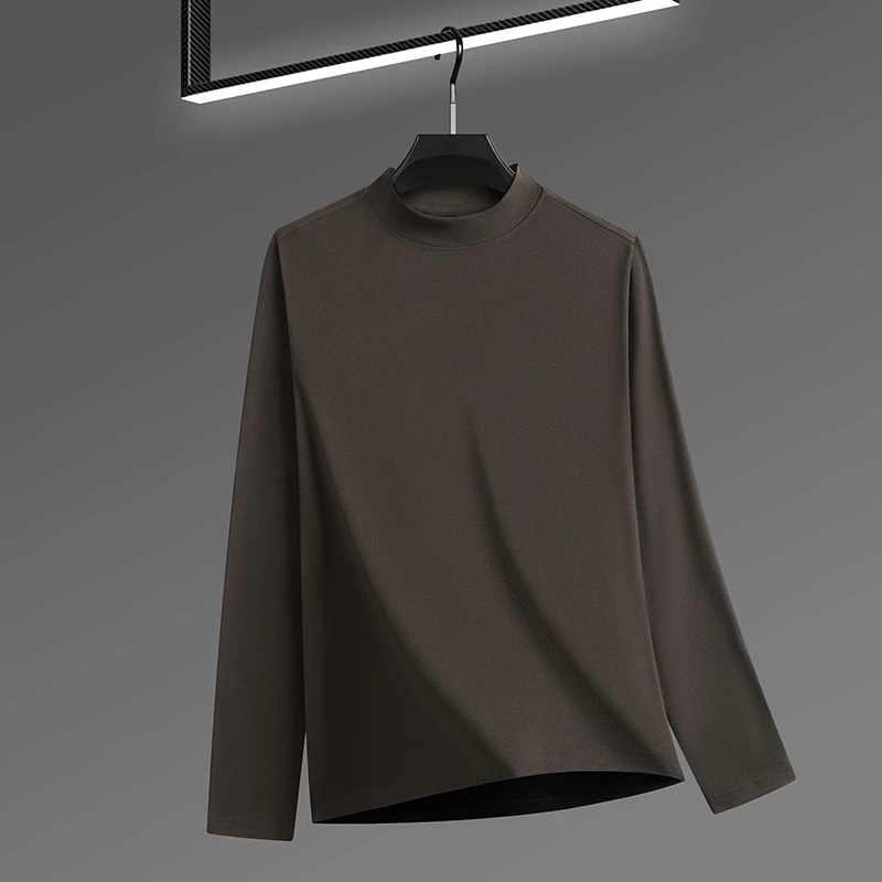 2026 New Men's Casual Solid Color High Collar Velvet Long Sleeve T-shirt Spring and Autumn Versatile Comfortable Top