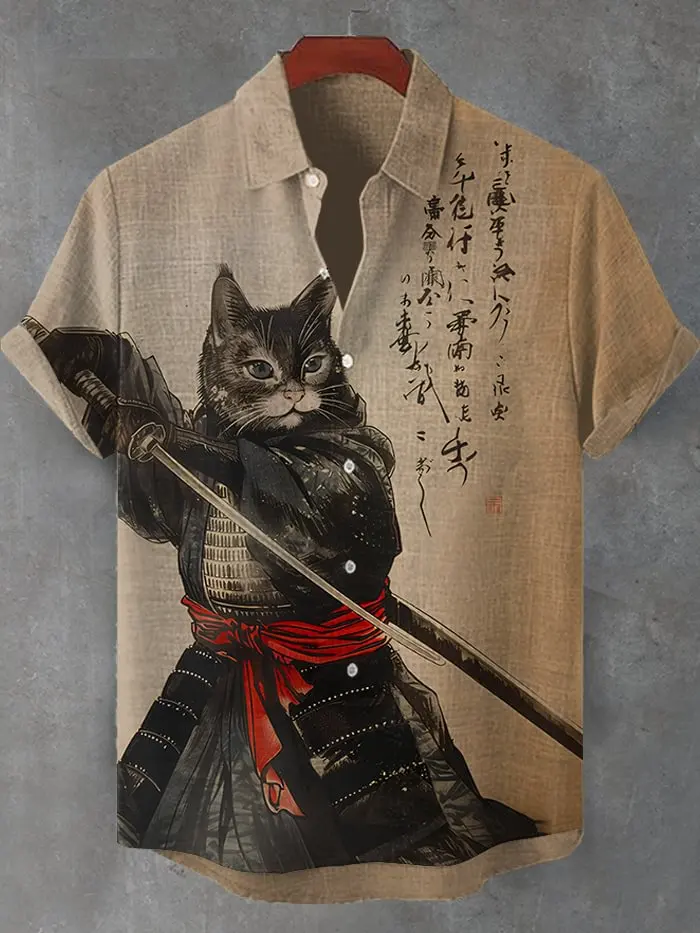 Men's Edo Cat Samurai Warrior Japanese Art Anime Shirts 3D Print Casual Hawaiian Shirts Summer Men Women Short Sleeve Blouse Top