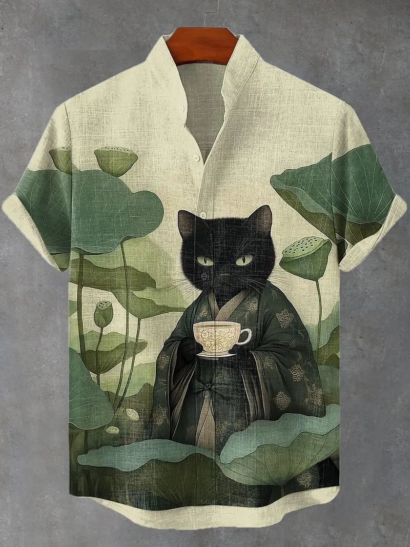 Men's Edo Cat Samurai Warrior Japanese Art Anime Shirts 3D Print Casual Hawaiian Shirts Summer Men Women Short Sleeve Blouse Top