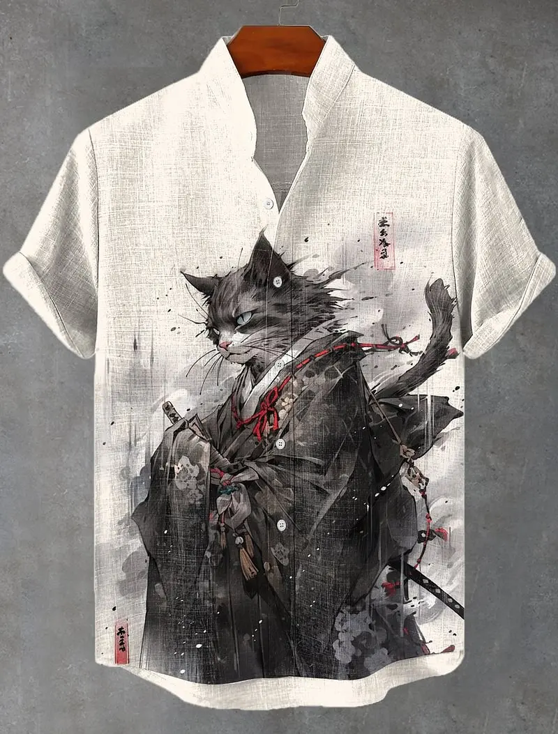 Men's Edo Cat Samurai Warrior Japanese Art Anime Shirts 3D Print Casual Hawaiian Shirts Summer Men Women Short Sleeve Blouse Top