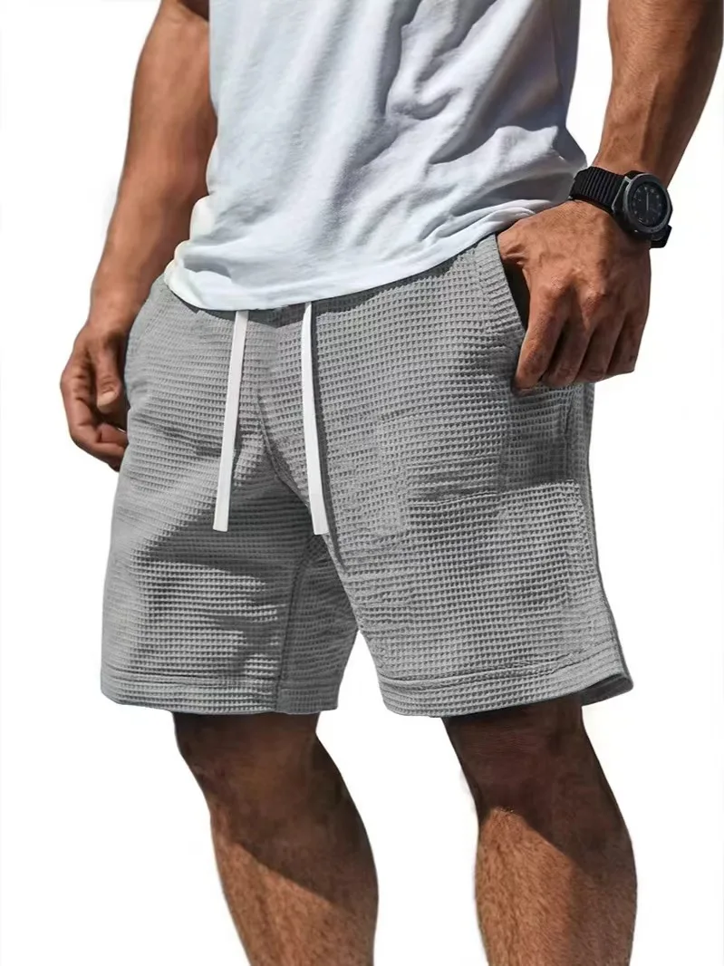 Men Shorts Solid Color Mid Waist Summer Motion Waffle Texture Deep Crotch Drawstring Mens Shorts Loose Knee Length Casual Short