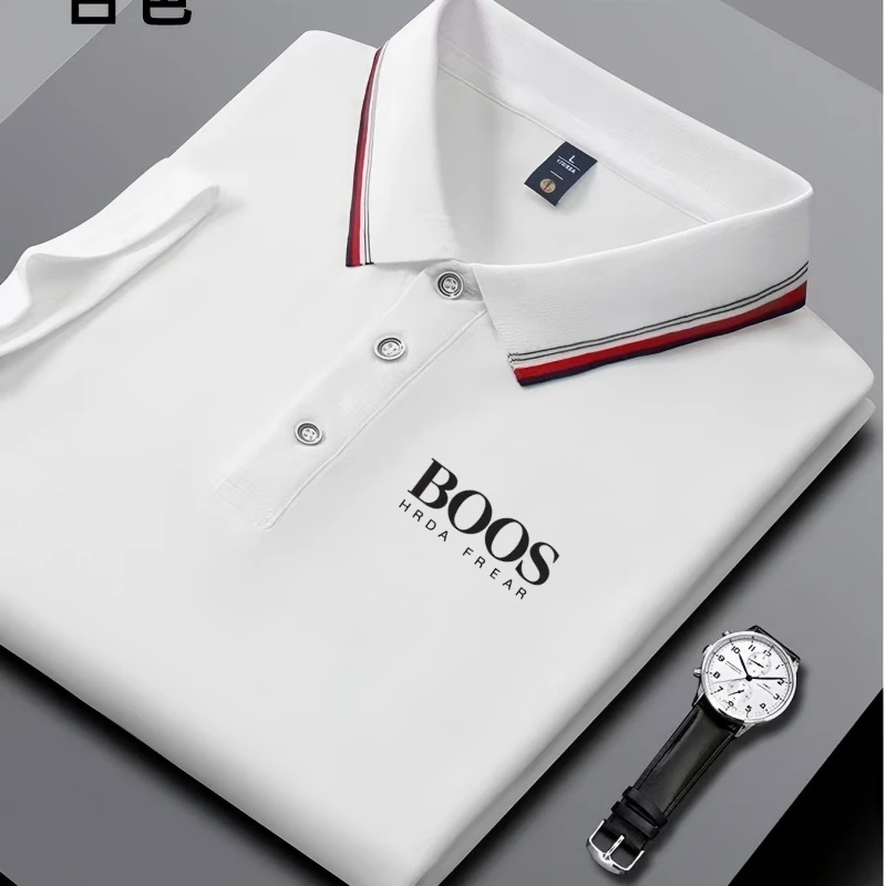 Men's business casual Polo shirt with striped collar and letter printed breathable short sleeved shirt, comfortable fabric