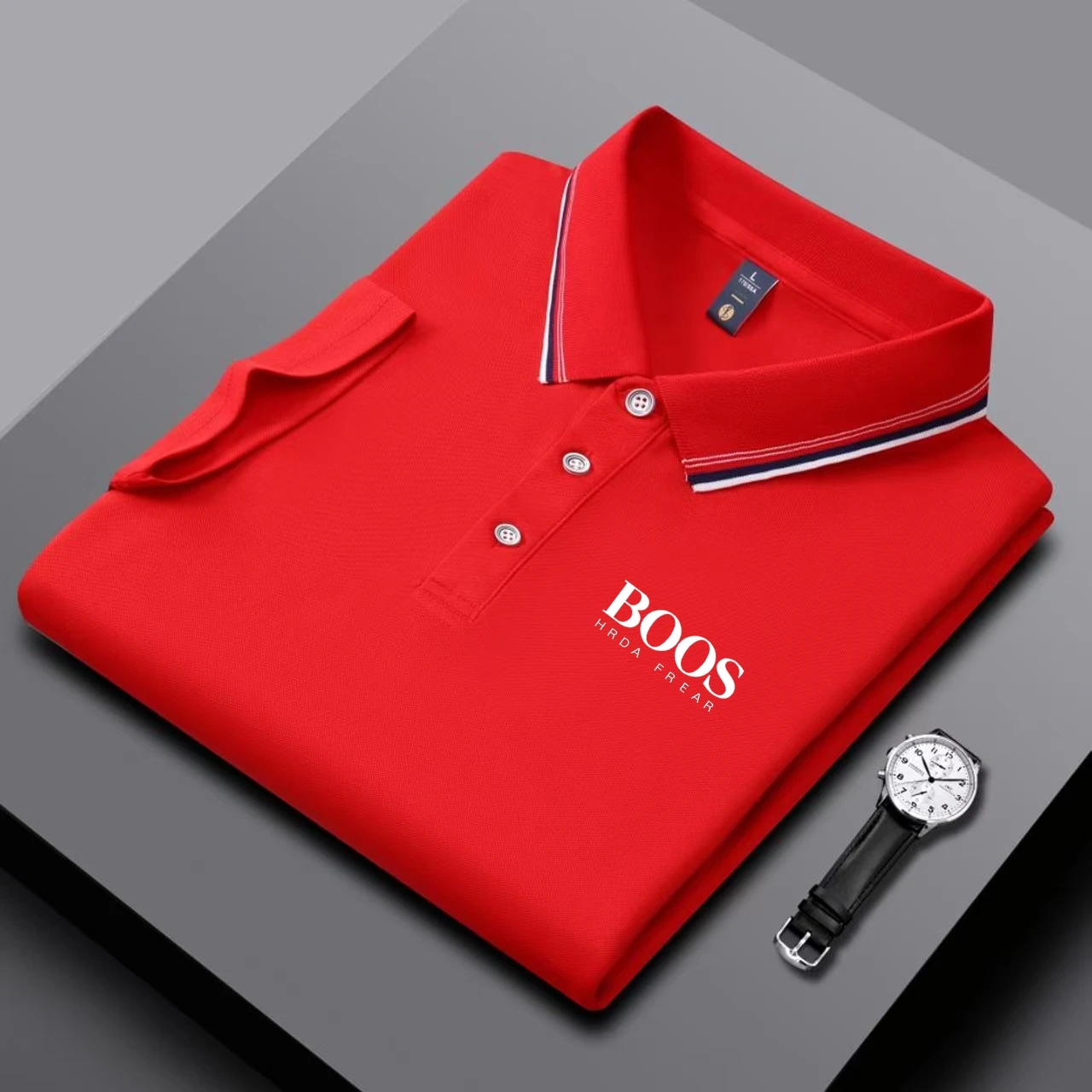 Men's business casual Polo shirt with striped collar and letter printed breathable short sleeved shirt, comfortable fabric