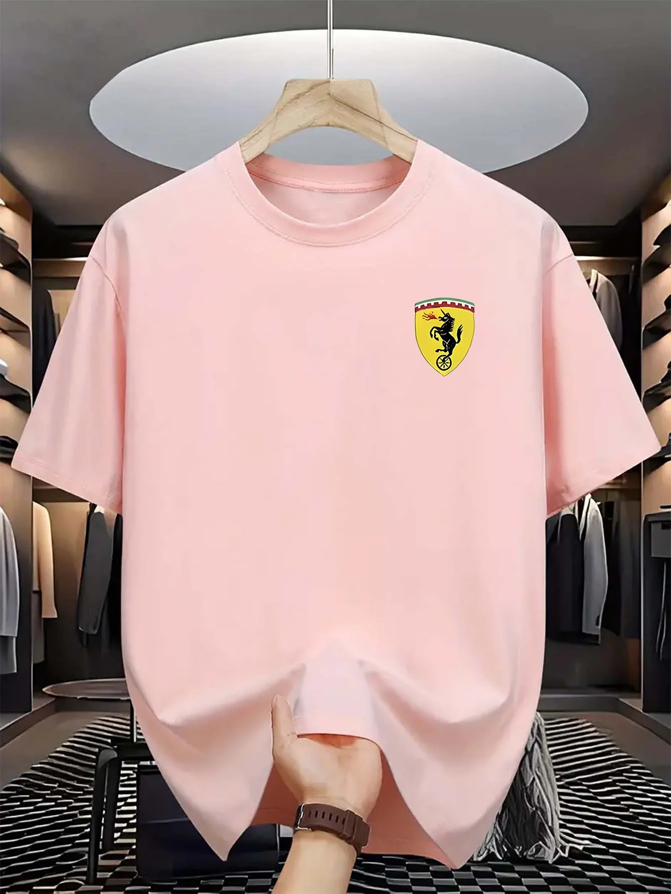 Men's summer 100% pure cotton casual fashionable loose car logo pattern casual round neck short sleeved T-shirt versatile top