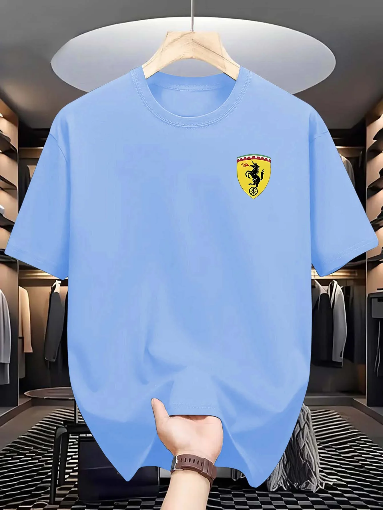 Men's summer 100% pure cotton casual fashionable loose car logo pattern casual round neck short sleeved T-shirt versatile top