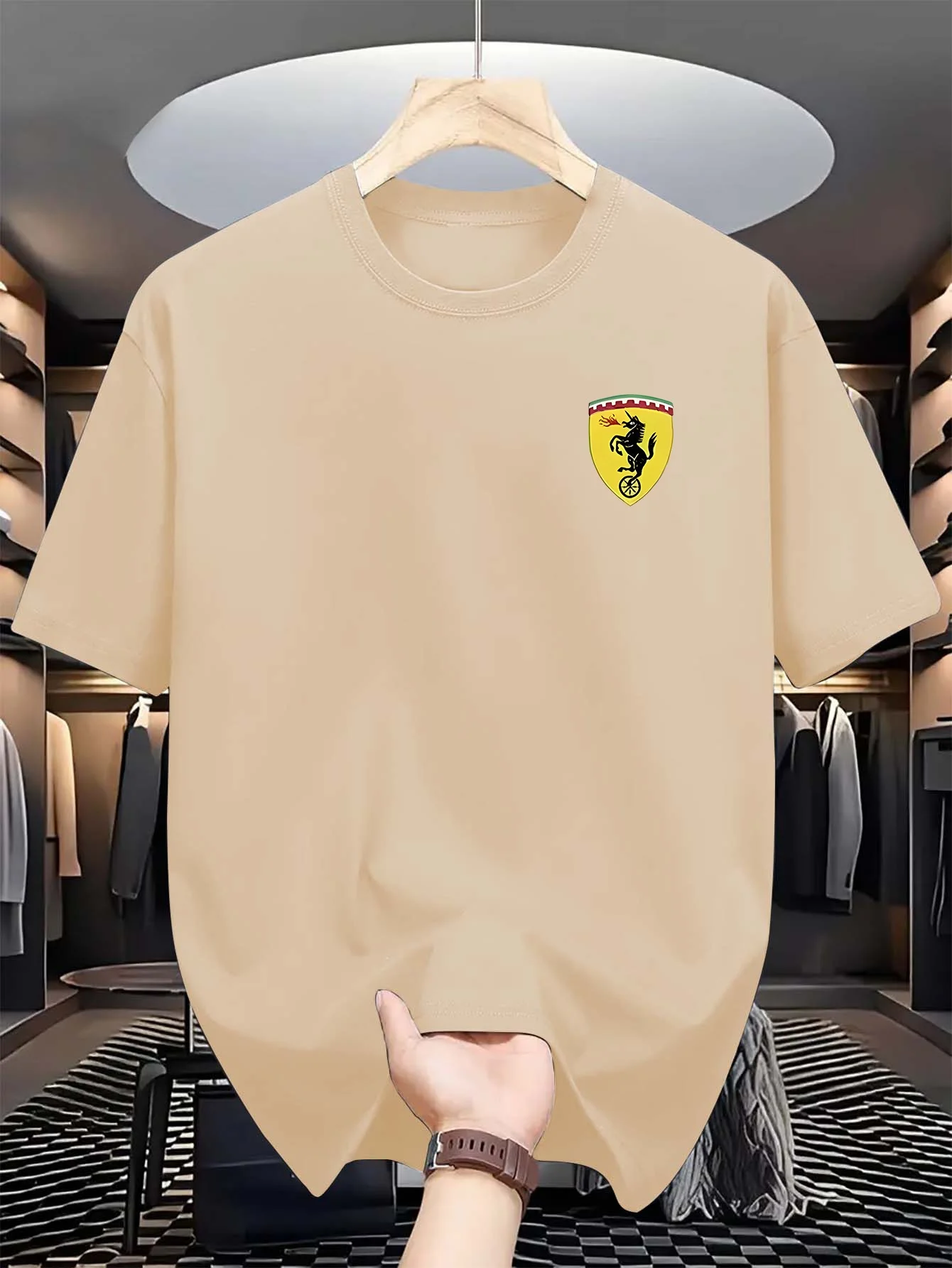 Men's summer 100% pure cotton casual fashionable loose car logo pattern casual round neck short sleeved T-shirt versatile top