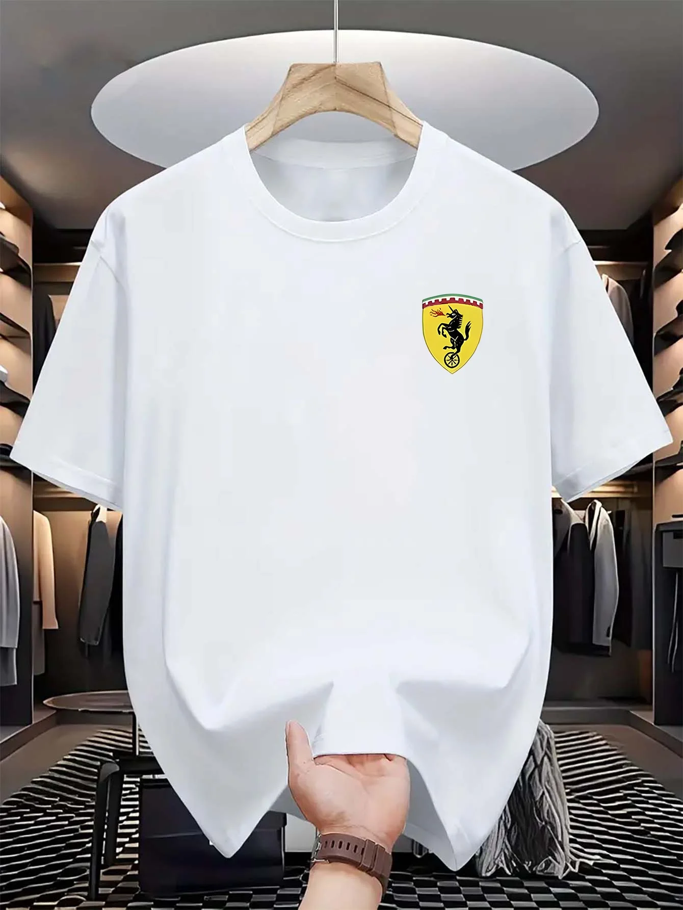 Men's summer 100% pure cotton casual fashionable loose car logo pattern casual round neck short sleeved T-shirt versatile top
