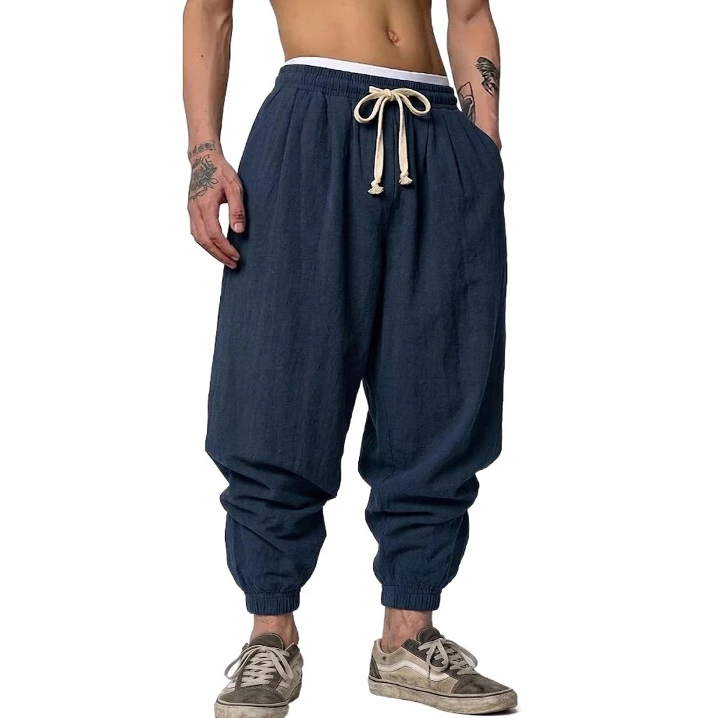 Korean Linen Trousers Man Autumn Gym Man Yoga Casual Baggy Pants Spring Autumn Harem Pants Loose Drawstring Work Pants Men