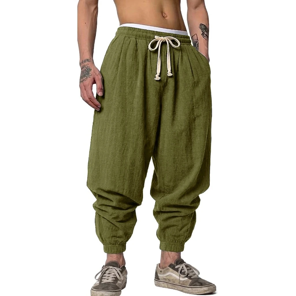 Korean Linen Trousers Man Autumn Gym Man Yoga Casual Baggy Pants Spring Autumn Harem Pants Loose Drawstring Work Pants Men