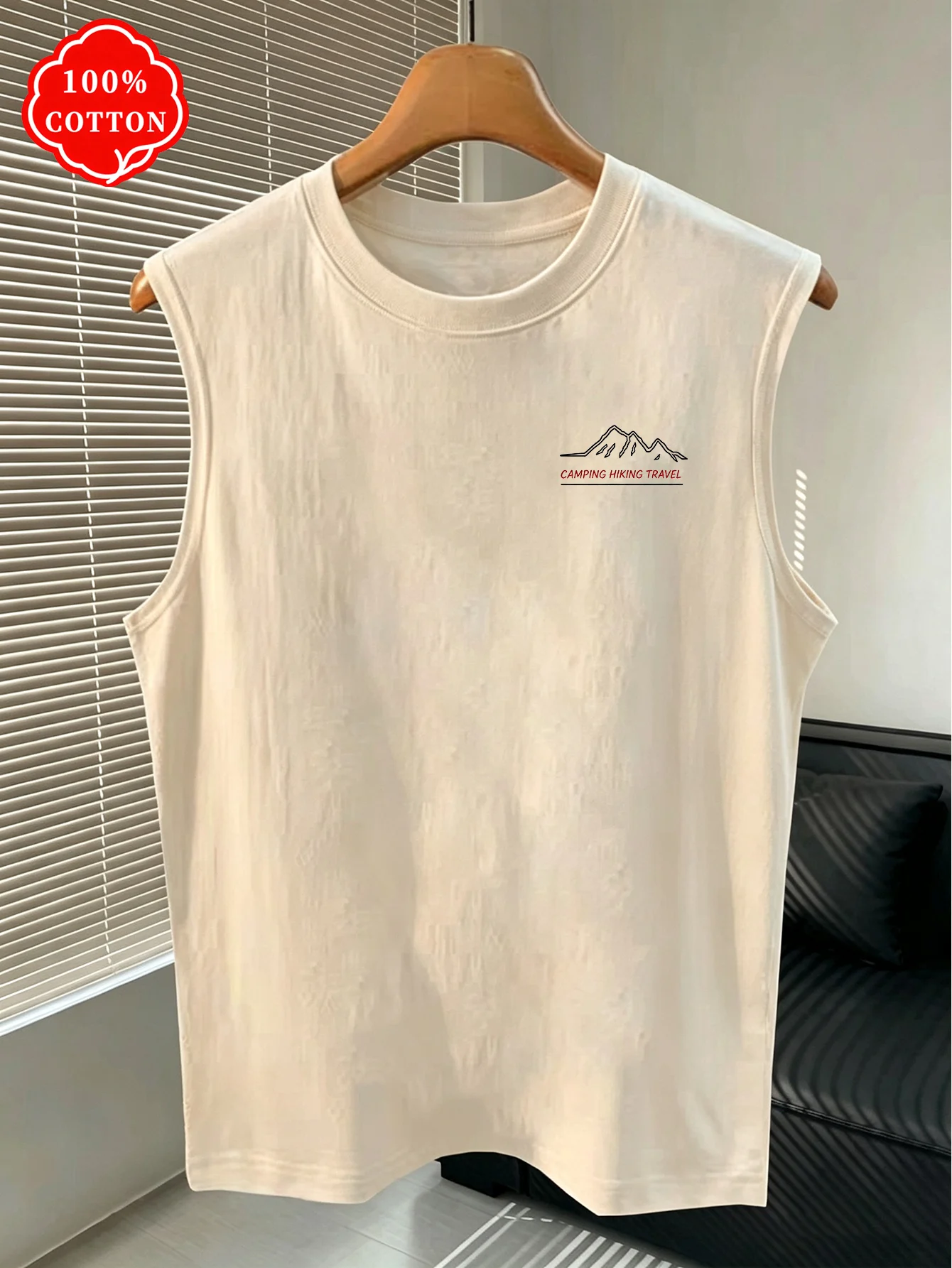 100% Cotton Men Sleeveless Tank Top Mountain Camping Car Tent Back Print Summer Streetwear Loose Fit Casual Vest-T95