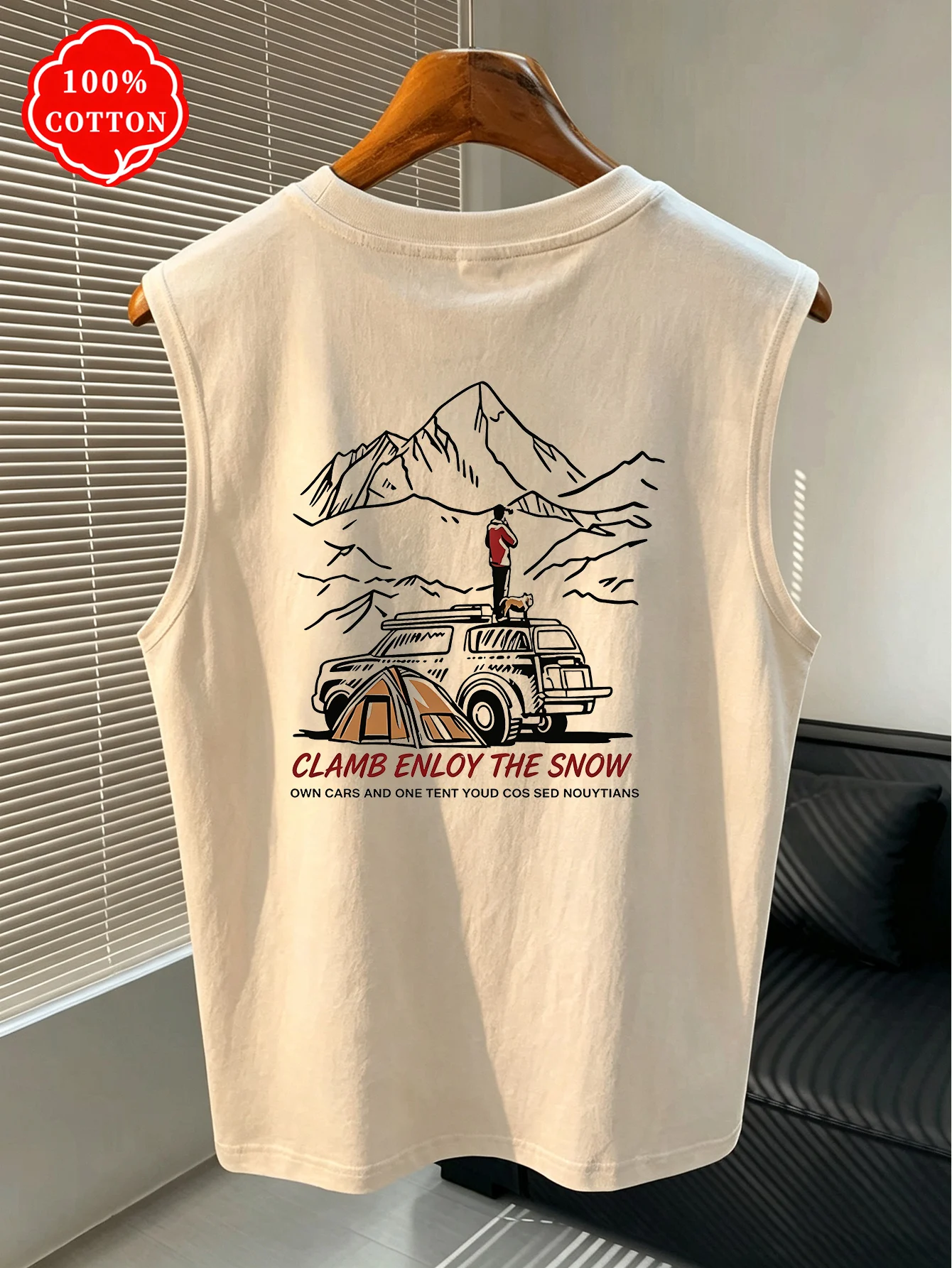 100% Cotton Men Sleeveless Tank Top Mountain Camping Car Tent Back Print Summer Streetwear Loose Fit Casual Vest-T95