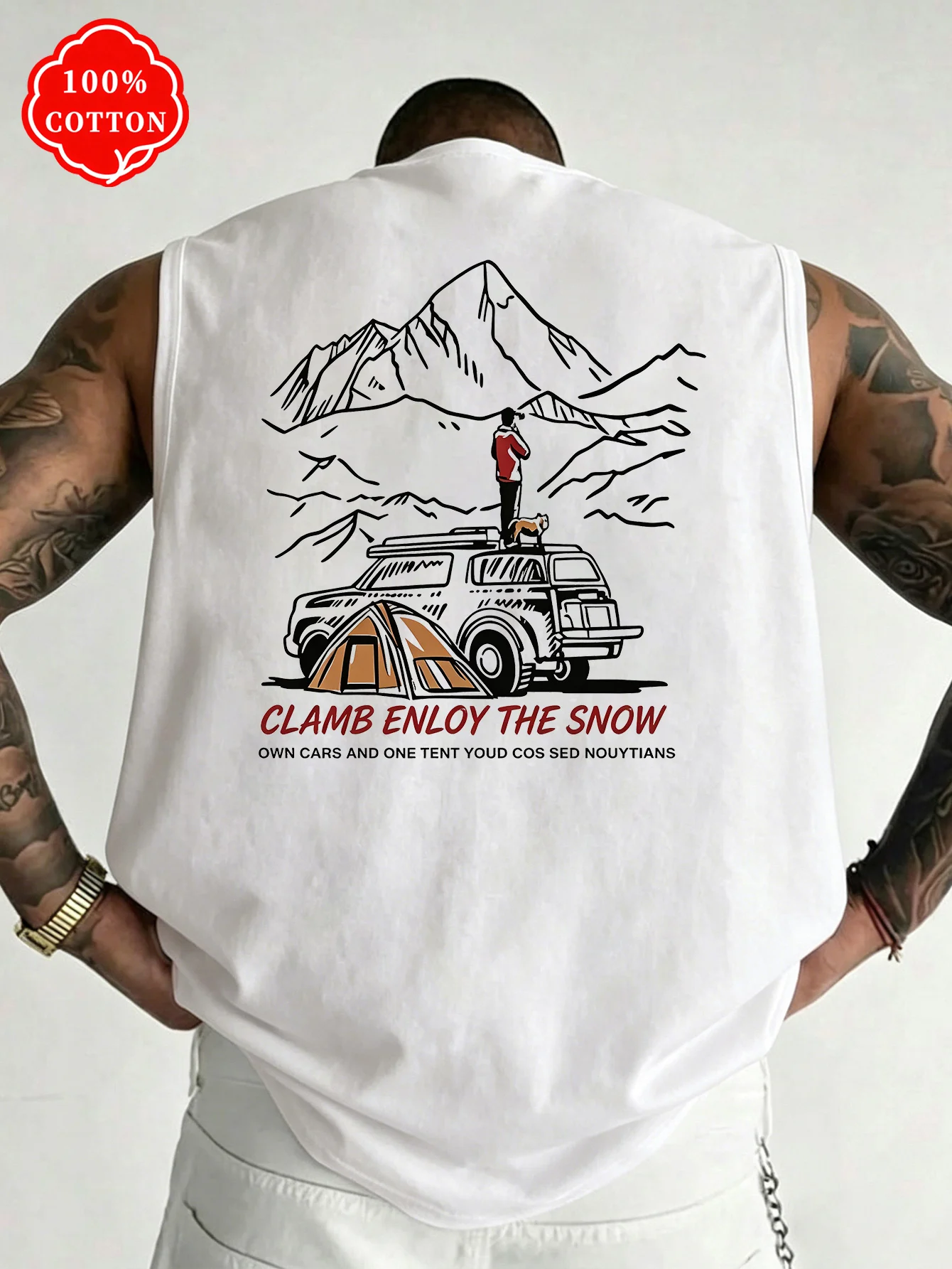 100% Cotton Men Sleeveless Tank Top Mountain Camping Car Tent Back Print Summer Streetwear Loose Fit Casual Vest-T95