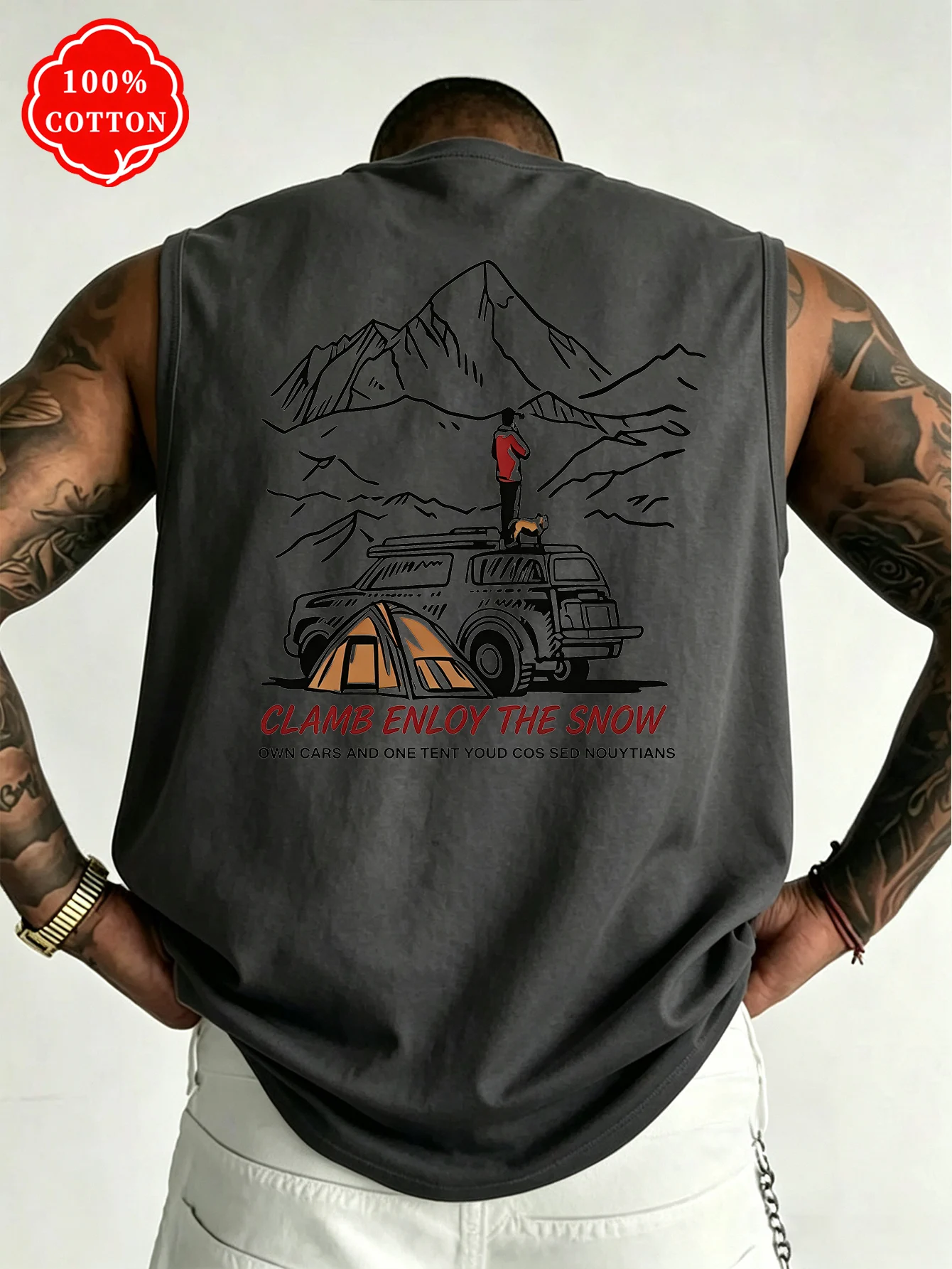100% Cotton Men Sleeveless Tank Top Mountain Camping Car Tent Back Print Summer Streetwear Loose Fit Casual Vest-T95