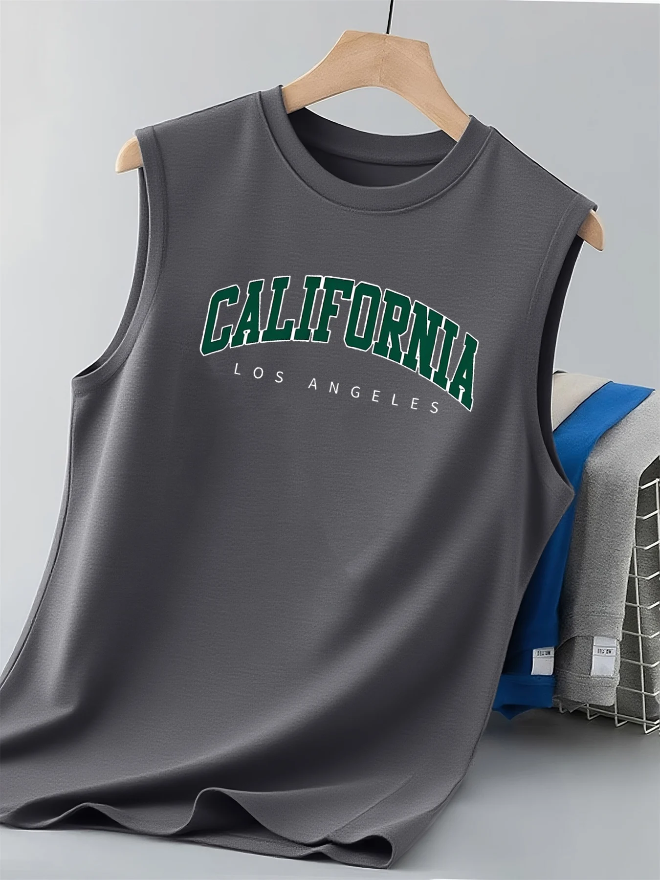 Men's New Summer 100% Cotton Short-Sleeved T-Shirt California Letter Print Loose Sleeveless Tank Top Casual Sport Vest-H13